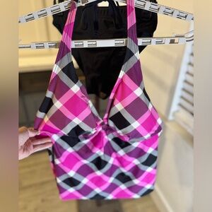 Aqua Couture Swim Tankini Black/Pink Plaid Peep Keyhole &  Black Bottoms Size 14